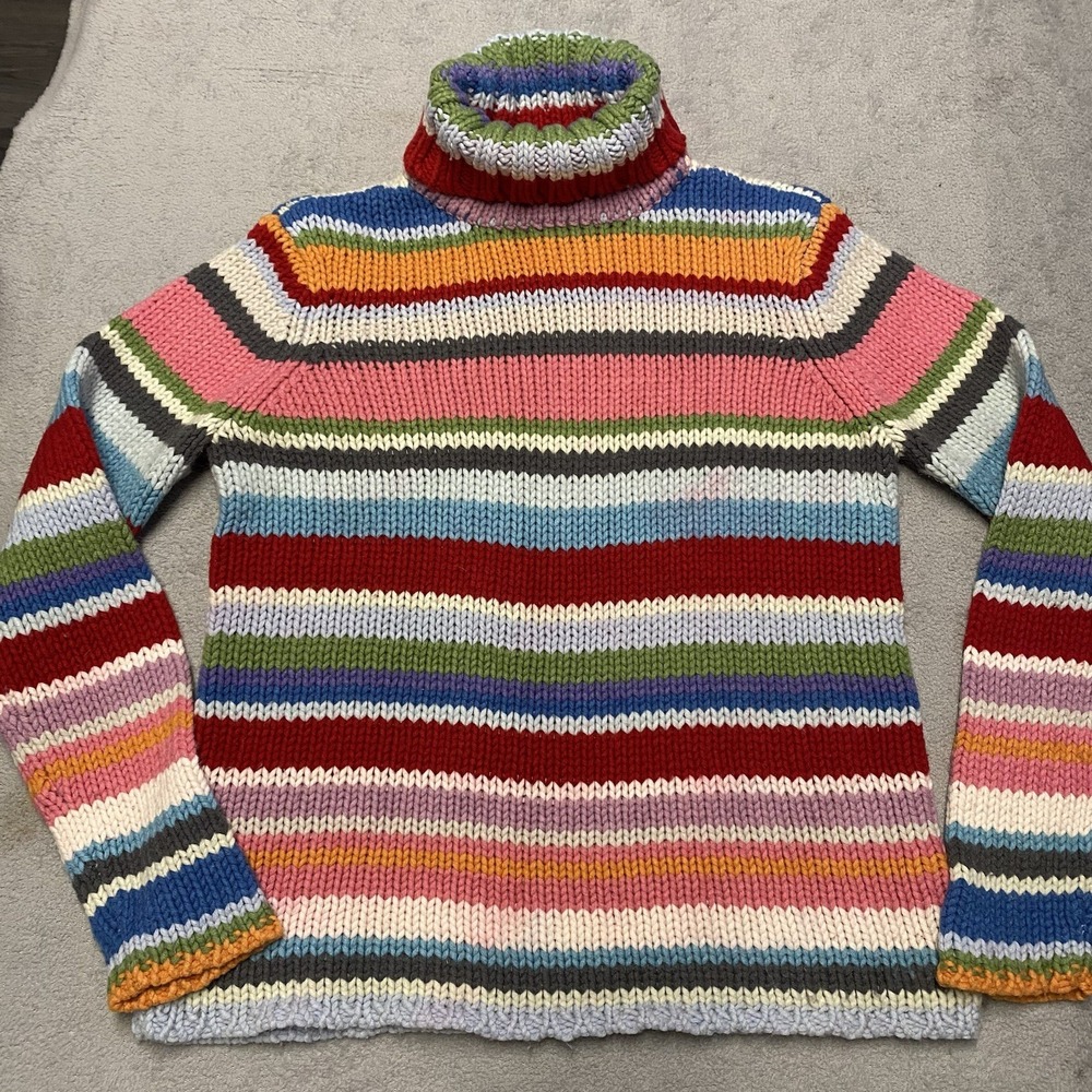 Vintage GAP Sweater Womens Large Knit Rainbow Stripe Turtleneck Wool Blend Y2K